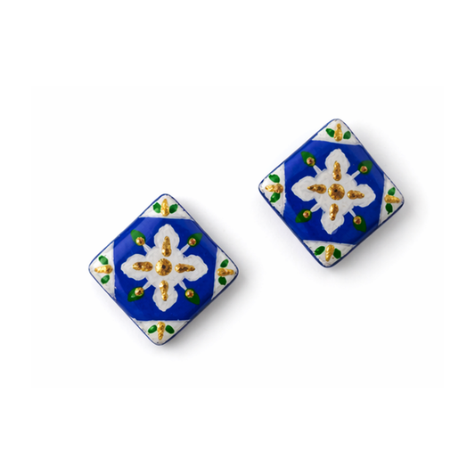 Blue Floral Tile Stud Earrings