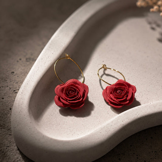 Crimson Rose Hoop Earrings