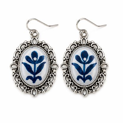 Blue Folk Frame Drop Earrings