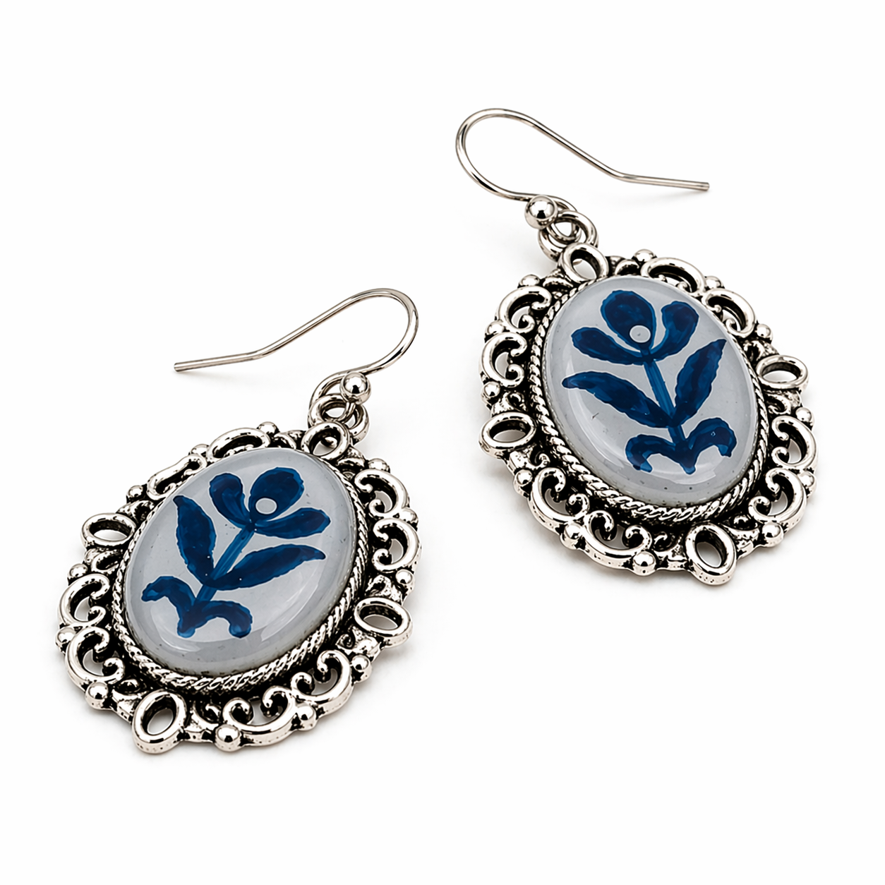 Blue Folk Frame Drop Earrings