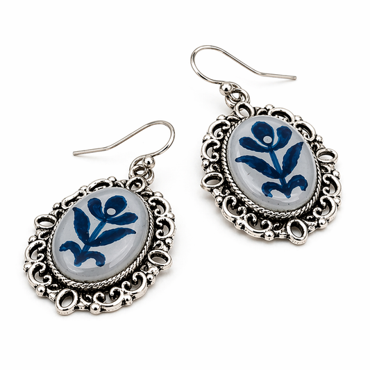 Blue Folk Frame Drop Earrings