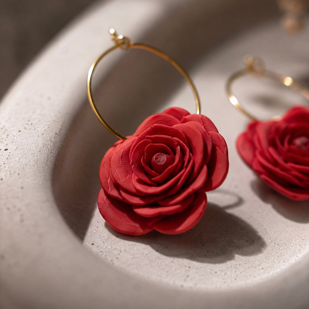 Crimson Rose Hoop Earrings